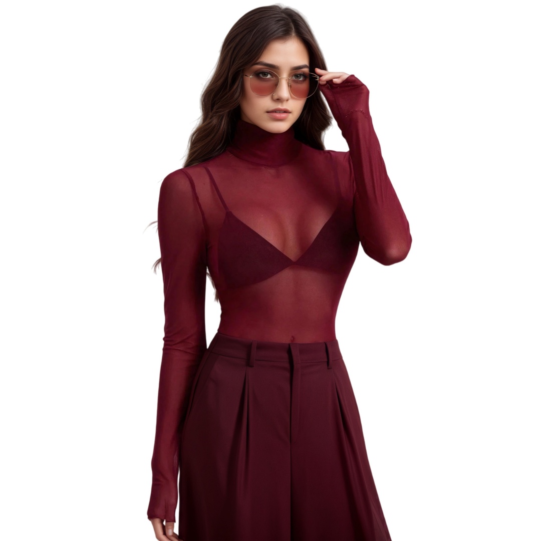 Womens Elegant Turtleneck Mesh Top Sexy Long Sleeve Semi-Sheer Slim T-shirts